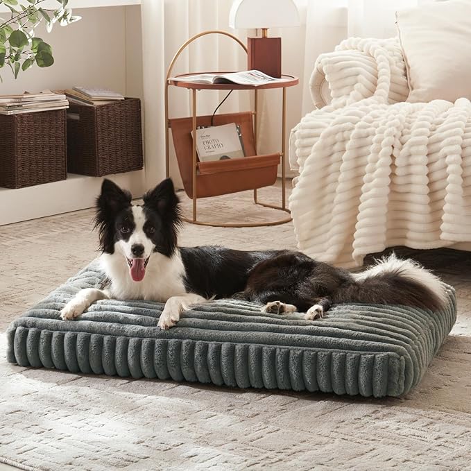 Dog Beds Large Sized Dog, Flat Pet Beds with Removable Washable Cover, Pet Mat Cute Pet Crate Bed Thick Shredded Chopped Crate Foam & Anti Slip Bottom for Indoor, 35"x23"x4" Grey