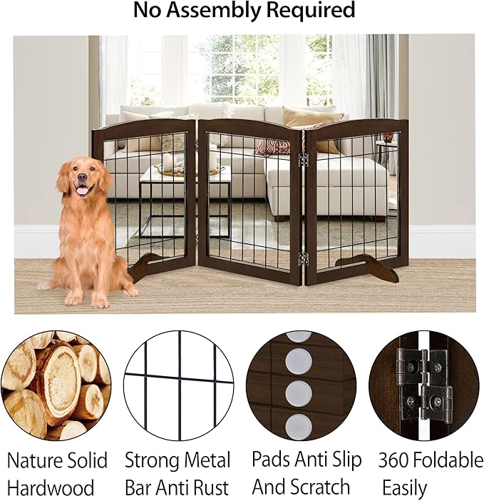 LZRS 3-Panel Freestanding Adjustable Wooden Dog Gate—30" Tall Foldable Pet Barrier with Support Feet, Chew-Resistant Solid Hardwood & Steel Wire Safety Fence for Doorways, Hallways, and Stairs, Walnut