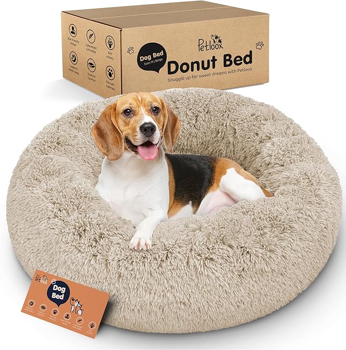 Donut Dog Bed - Premium Comfort for Anxiety Relief - Fluffy & Calming Design with Ultra-Plush Support | Cozy Round Dog Bed with Super Soft Circle Style (Size M Beige)