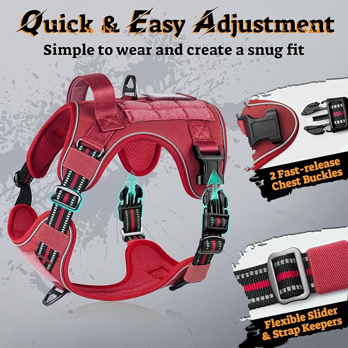 rabbitgoo Dog Harness for Large Dogs No Pull, Tactical Service Pet Vest with Molle and Control Handle, Adjustable and Reflective Military Harness for Easy Walking and Training, Red, L