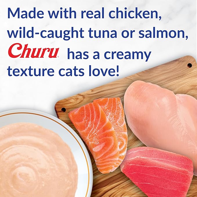 INABA Churu Cat Treats, Grain-Free, Lickable, Squeezable Creamy Purée Cat Treat/Topper with Vitamin E & Taurine, Each 0.5 Ounce (Pack of 50), 50 Tubes, Chicken & Seafood Variety