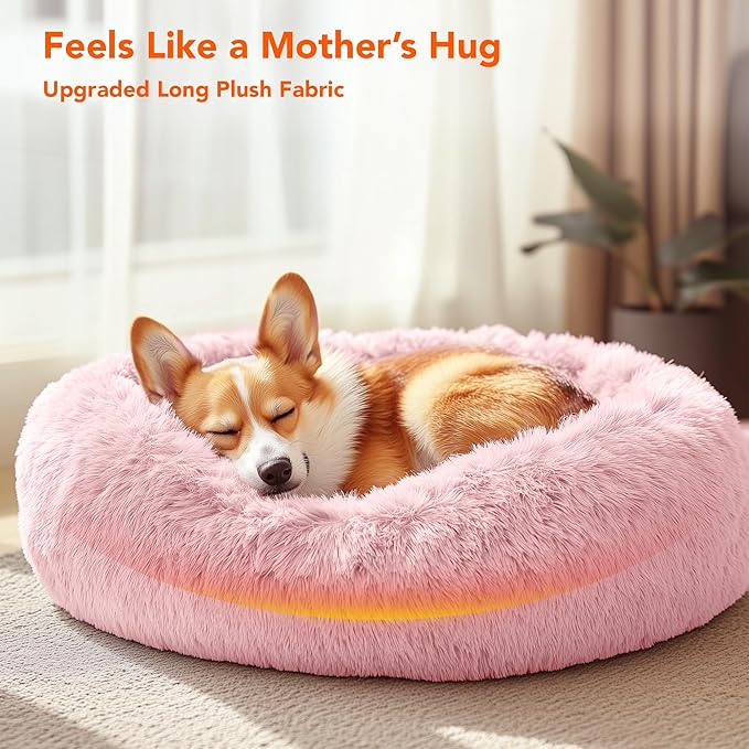 Deconovo Calming Donut Dog Bed, Washable Plush Round Pet Bed for Small Dogs & Cats with Raised Rim, Non-Slip Base and Soft Faux Fur—Lightweight, Easy-Care Design Pink 25" L x 25" W x 8" Th
