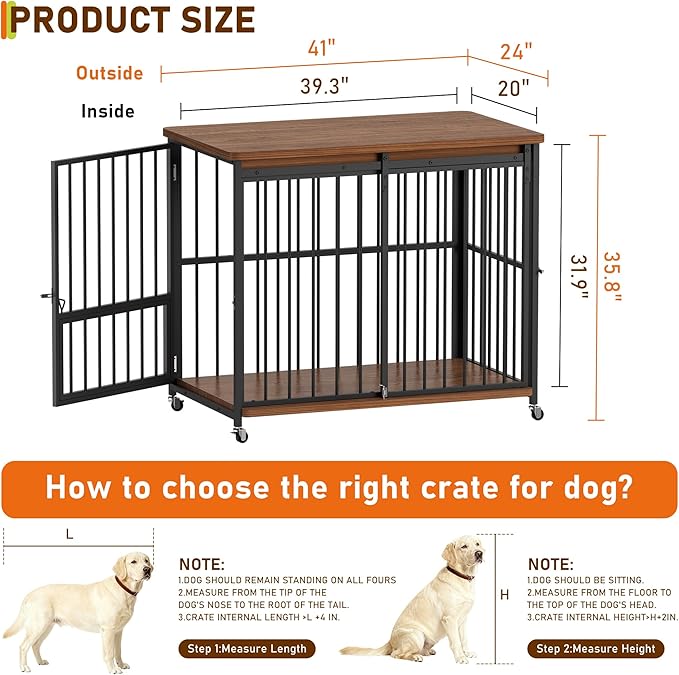 Dog Crate Furniture, 41’’ Wooden Dog Kennel Indoor with Sliding Front Door, Multi-Side Openings & Feeding Window Pet Cage House as TV Stand, End Table