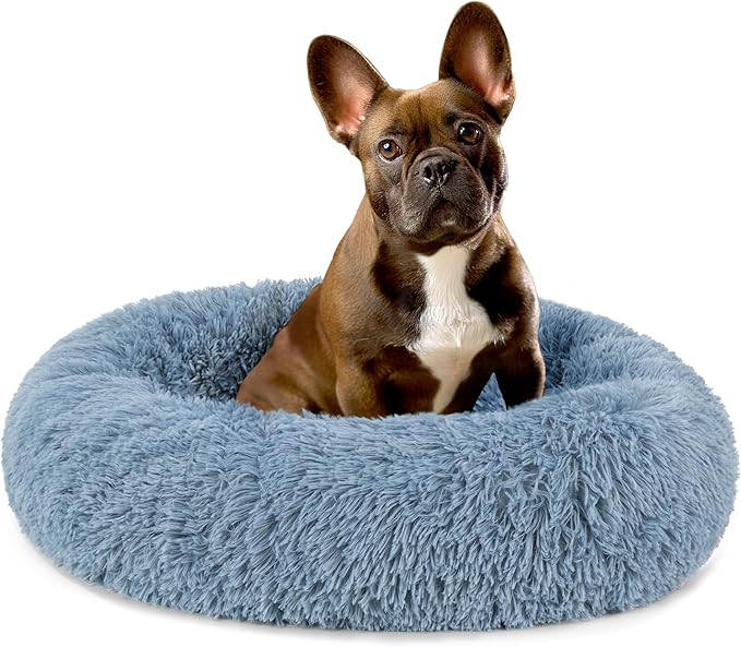 PetAmi Calming Dog Bed for Small Medium Dog Cat, Round Donut Washable, Fluffy Faux Fur Plush Cuddler Pet Kitten Cushion, Anti-Slip, Fits up to 25 lbs, 23 inch, Dusty Blue