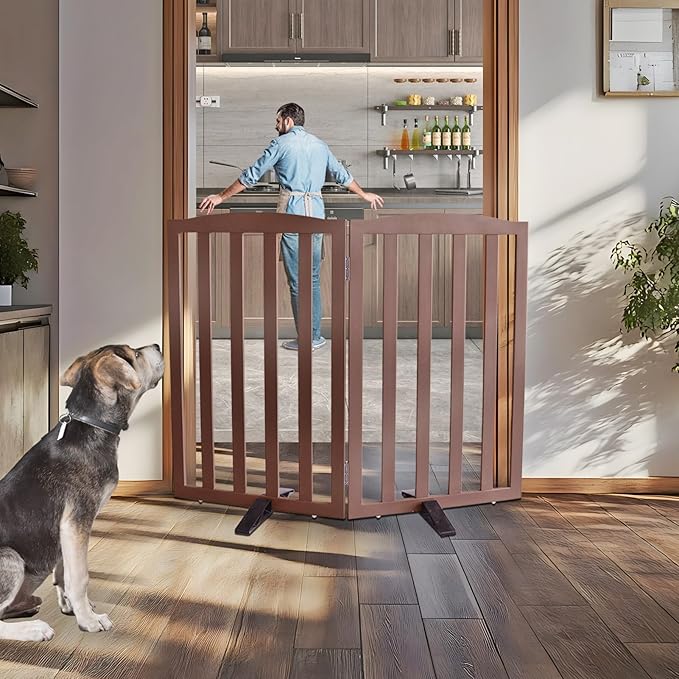 ZJSF Foldable Freestanding Indoor Dog Gate for House Wood Long Pet Gates Dog Fence for Stairs Puppy Gates for Hallways, Puppy Gate,Support Feet Included, Brown, 32 "Height-2 Panels