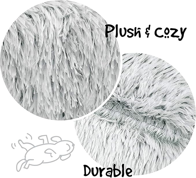 Friends Forever Donut Dog Bed Faux Fur Fluffy Calming Sofa For Large Dogs, Soft & Plush Anti Anxiety Pet Couch For Dogs, Machine Washable Coco Pet Bed with Non-Slip Bottom, 36"x36"x8" Ivory