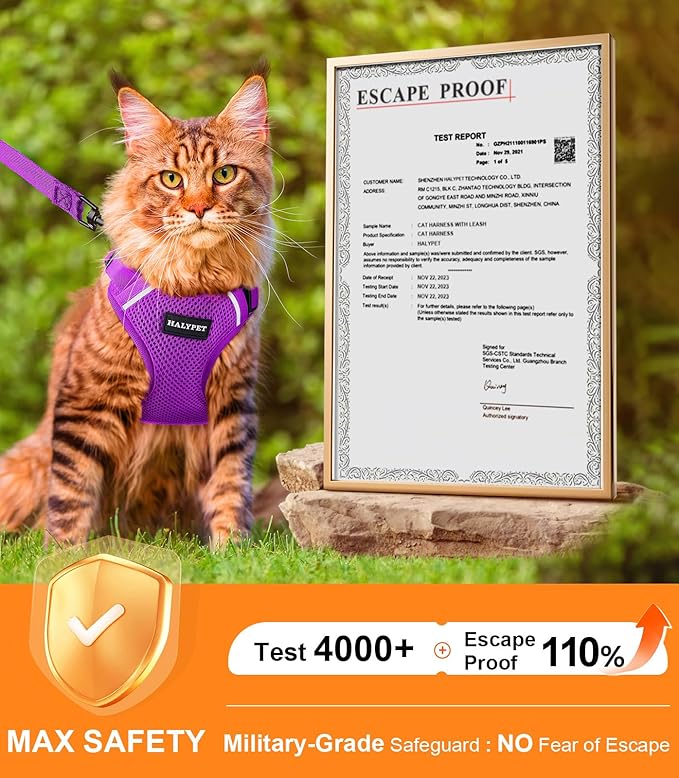 Halypet Cat Harness and Leash Set [ MAX Safety Third Generation ] Escape Proof Soft Adjustable Cat Leash Breathable Comfortable Vest Easy to Wear Kitten Harness for Outdoor Walking