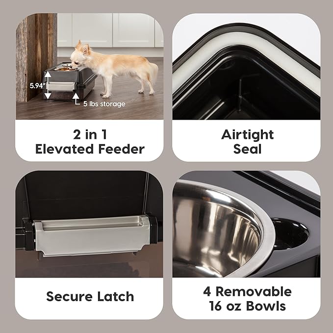 IRIS USA 2-in-1 Elevated Dog Bowls 6" H with Airtight Pet Food Storage Container Holds Up to 5 Lbs, Removable 2 Thick 16 oz Stainless Steel Bowls, at Home or Camping Pet Dish Bowl Set, Smoke/Black