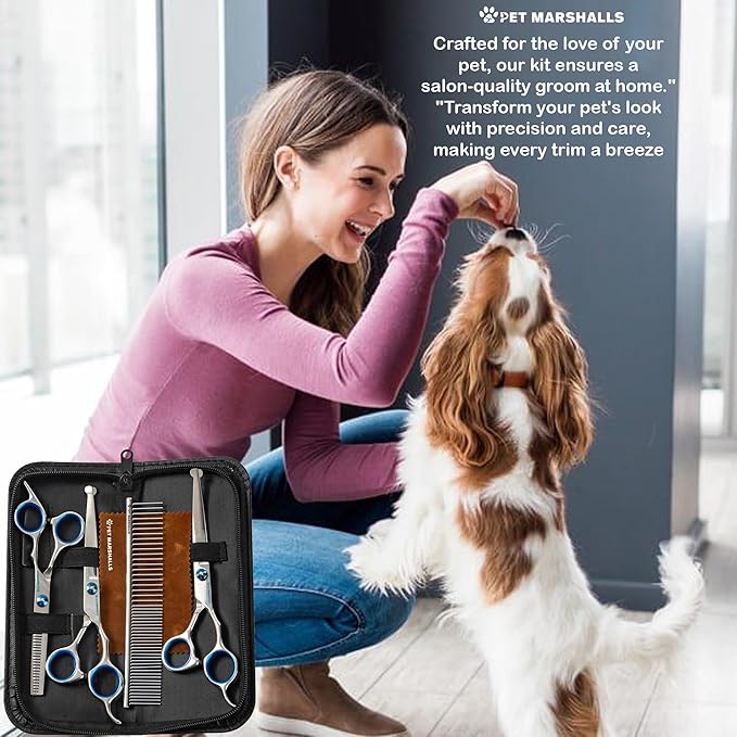 Professional Pet Grooming Kit 5-in-1 - Stainless Steel Trimming Scissors Set with Straight Hair Comb for Small and Large Pets