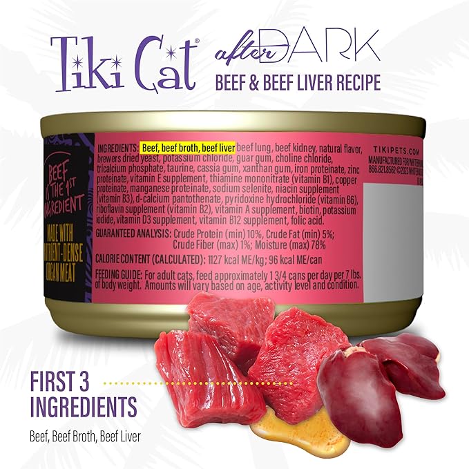 Tiki Cat After Dark Soft Pate, Beef & Beef Liver, High-Protein and 100% Non-GMO Ingredients, Wet Cat Food for Adult Cats, 3 oz. Can (12 Count)