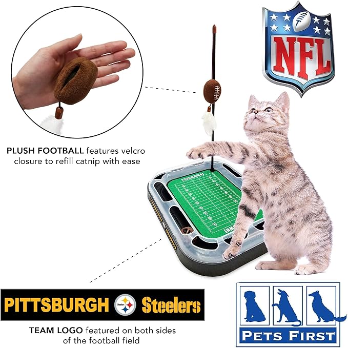 Pets First BEST CAT TOY Pittsburgh Steelers Football Field CAT Scratcher Toy with Catnip Filled Plush Football Toy&Feather Cat Toy Hanging, Jingle Bell Interactive Ball Cat Chasing 5-in-1 Kitty Toy