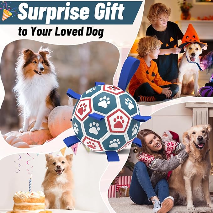 QDAN Dog Toys Soccer Ball with Straps, Herding Balls for Dogs, Interactive Toy for Tug of War, Durable Dog Balls for Medium Large Dogs (8 Inch)