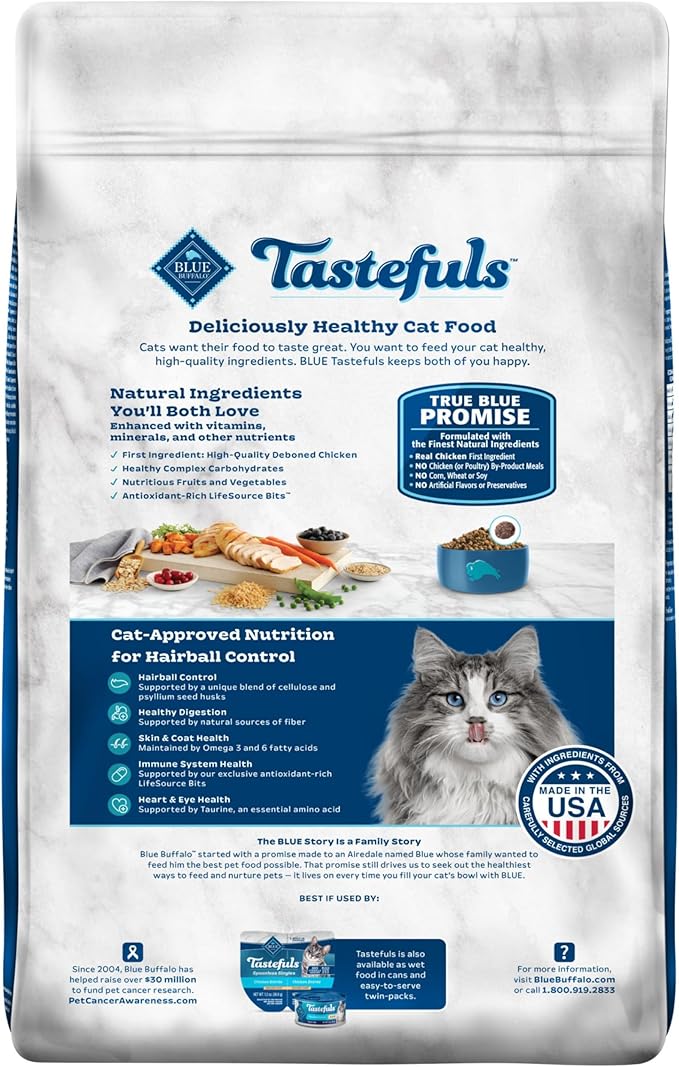 Blue Buffalo Tastefuls Natural Dry Food for Adult Cats, Hairball Control, Chicken & Brown Rice Recipe, 15-lb. Bag