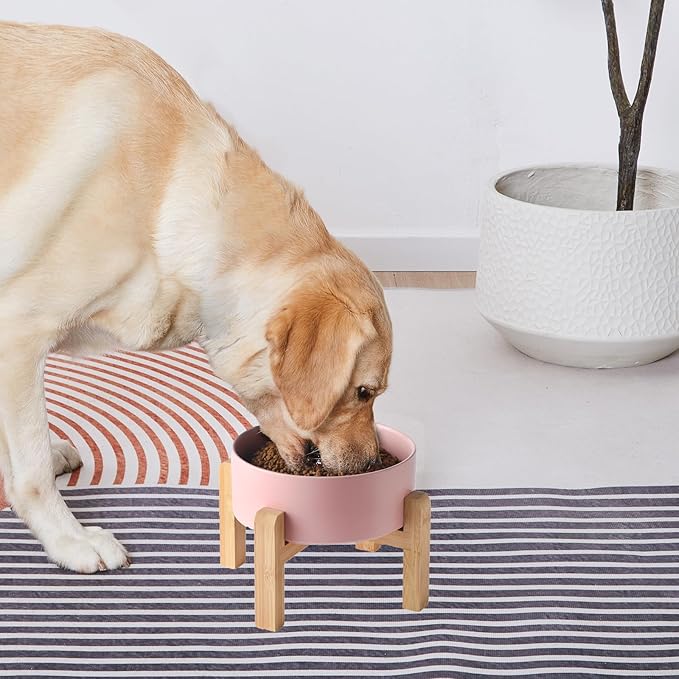 8'' Ceramic Raised Dog Bowl - 70Oz Dog Food & Water Bowl with Elevated Non-Slip Bamboo Stand, Dishwasher & Microwave Safe, Anti Vomiting Heavy Duty Pet Bowl for Medium and Large Dogs, Pink