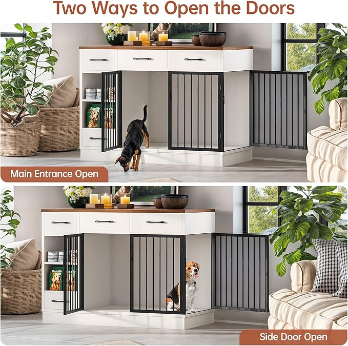 47.2" Large Dog Crate Furniture with 3 Storage Drawers & Hidden Bowl - Wooden Indoor Dog Kennel with Adjustable Shelf, 2 Doors for Small/Medium Dogs, Multi-Functional Pet Cage Furniture