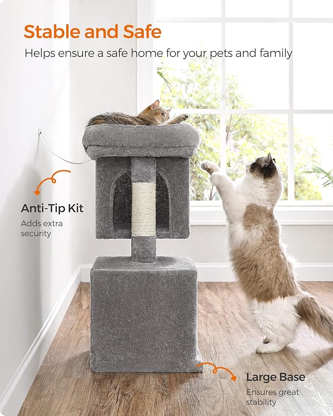 Feandrea Cat Tree, 29.1-Inch Cat Tower, M, Cat Condo for Medium Cats up to 11 lb, Large Cat Perch, 2 Cat Caves, Scratching Post, Light Gray UPCT612W01