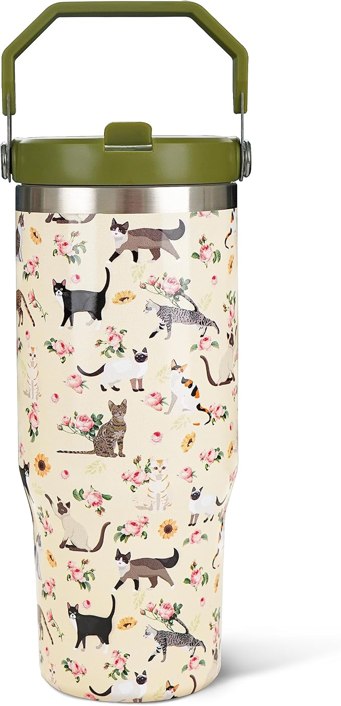 30oz Floral Cat Tumbler with Handle and Straw, Stainless Steel Vacuum Insulated Coffee Tumbler, Travel Mug Water Bottle, Cute Cat Stuff Gifts for Women