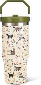 30oz Floral Cat Tumbler with Handle and Straw, Stainless Steel Vacuum Insulated Coffee Tumbler, Travel Mug Water Bottle, Cute Cat Stuff Gifts for Women