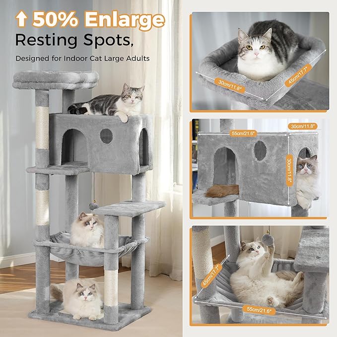 54” Cat Tree with Big Hammock 21x17” Adult Cat Tower with Scratching Posts Featuring Large Top Bed, Scratcher Pad, Spacious Condo House and Detectable Ball for Indoor Cats-Large Gray