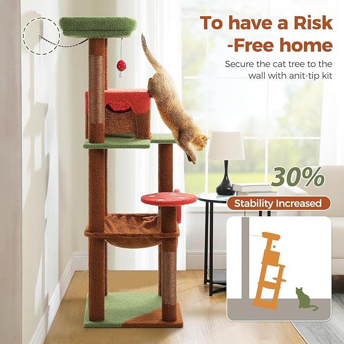 PETEPELA 56.3 Inches Mushroom Cat Tree Tower with Cute Mushroom Cat Scratching Board, Cat Condo, Extra Large Hammock and Plush Perches, Brown