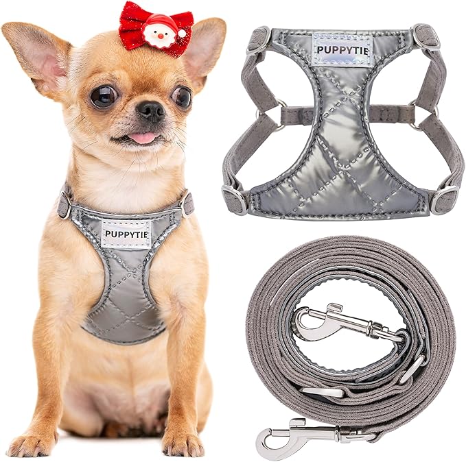 Puppytie No Pull xs Dog Harness with Multifunction Dog Leash,Soft Adjustable No Choke Escape Proof Pet Harness Vest,Glossy Grey,XXS
