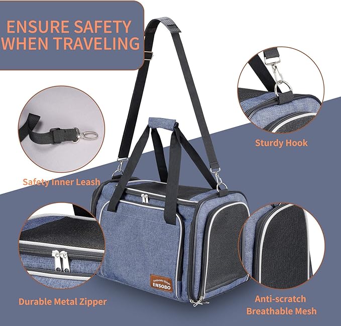 Dog Carrier, ENSOBO Cat Carrier Pet Travel Carrier Bag Airline Approved Folding Fabric Pet Carrier for Small Dogs Puppies and Medium Cats, w/Locking Safety Zippers
