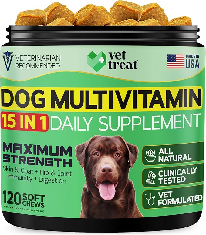Dog Multivitamin Chewable with Glucosamine & Salmon Oil – Made in USA – Puppy & Senior Supplement – 120 Chews – Daily Wellness Support for Joints, Immune System, Skin & Coat, Heart & Digestion