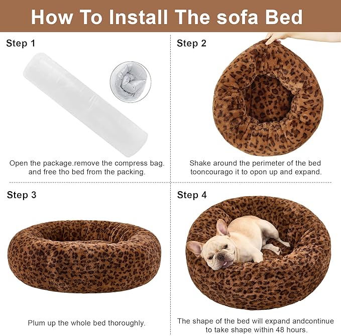Dog Calming Beds for Small Medium Large Dogs - Round Donut Washable Puppy Dog Bed, Anti-Slip Faux Fur Fluffy Donut Cuddle Anxiety Cat Pet Bed (36" Leopard Print)
