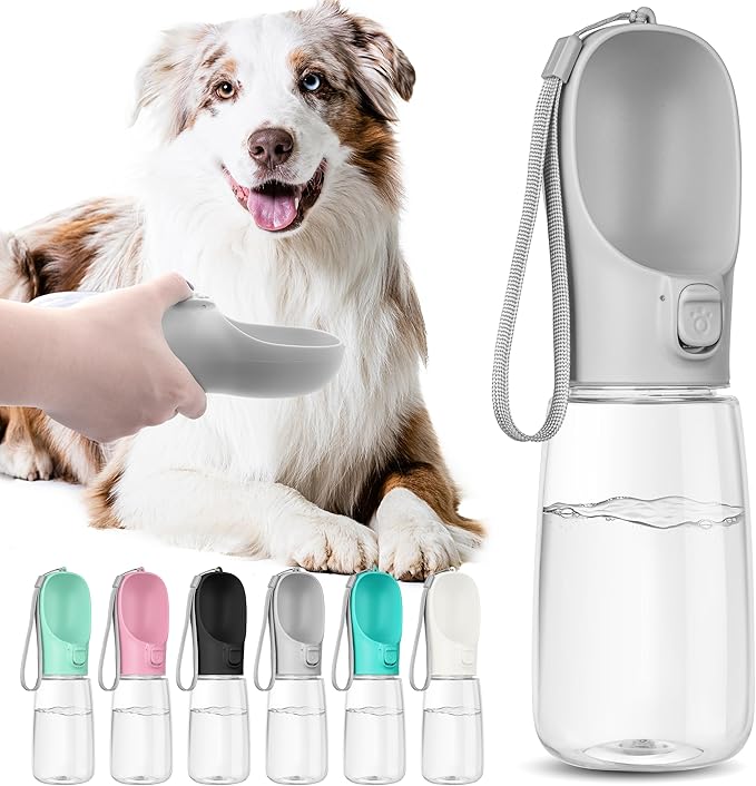 Portable Dog Water Bottle with Bowl, Leak Proof, Convenient for Walking, Hiking and Camping (Gray, 19oz)