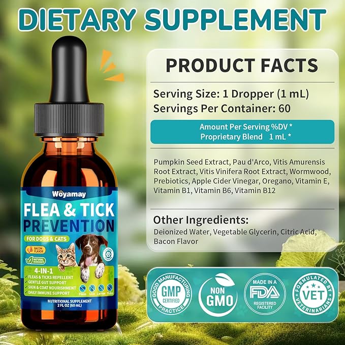 4-IN-1 Flea and Tick Prevention Drops for Dogs and Cats, Natural Cat & Dog Flea and Tick Treatment, Supports Flea Defense, Gut Health, Skin & Coat Nourishment, and Immune Support, Bacon Flavor