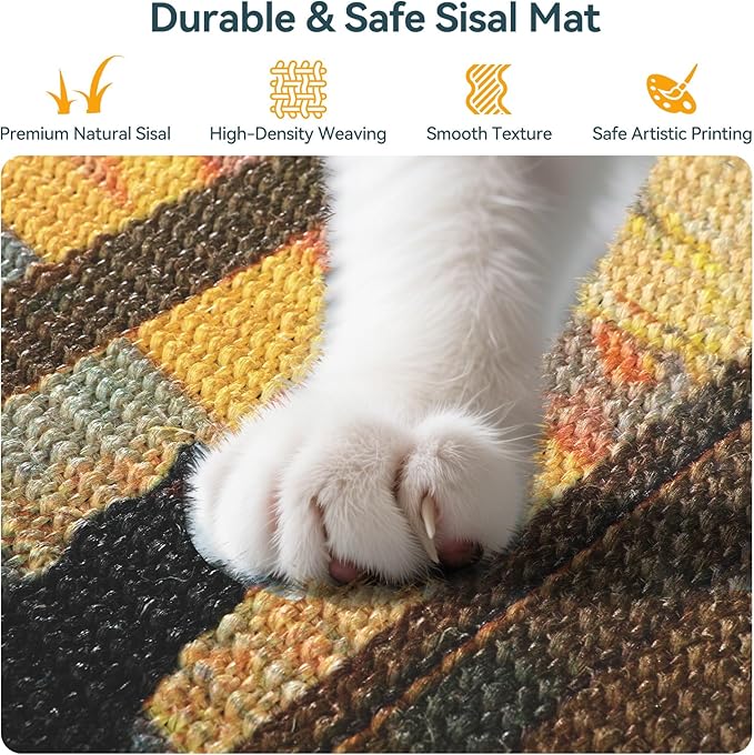 3-in-1 Sisal Cat Scratcher Mat 23.6x15.7 – Durable Scratch Rug for Floor & Wall with Sticker Tape, Protects Couch, Carpet & Furniture, Anti-Slip, Pet-Safe for Indoor/Outdoor Cats, Golden Afterglow