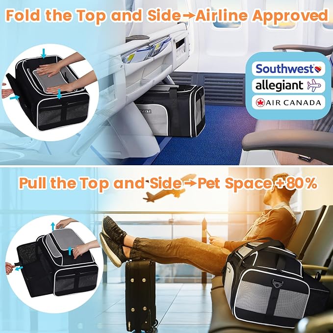 Petskd Top and Side Expandable Pet Carrier 19x13x9 Inches Southwest Allegiant Airlines Approved, Soft-Sided Carrier for Small Dog Under 12 lbs and Large Cat Under 15 lbs(Black)
