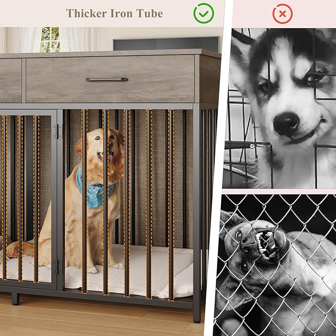 HOSTACK Double Dog Crates Furniture, 71" Wide Indoor Dog Kennel with 3 Drawers, Farmhouse Dog Cage for 2 Large/Medium Dogs, Heavy Duty Dog Crate with Removable Divider, Wooden Pet House, Ash Grey
