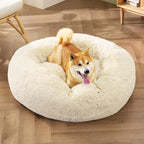 Bedsure Calming Dog Bed for Medium Dogs - Donut Washable Medium Pet Bed, Anti-Slip Round Fluffy Plush Faux Fur Cat Bed, Fits up to 45 lbs Pets, Cream, 30 inches