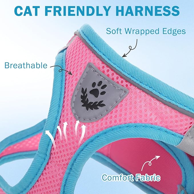 SCENEREAL Cat Harness and Leash Set Escape Proof, Adjustable Soft Air Mesh Kitten Harnesses for Girls Boys Small Medium Big Cats, Reflective Light Travel Pet Walking Vest for Puppy Rabbit, Pink XL