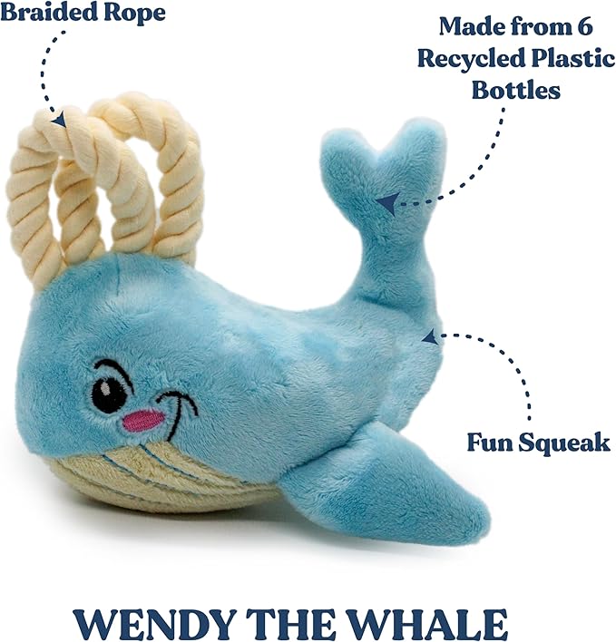 Dog Toys | Plush Whale Stuffed Animal with Rope for Dogs | Eco Friendly Toy - Easy to Clean and Made from Non Toxic Materials