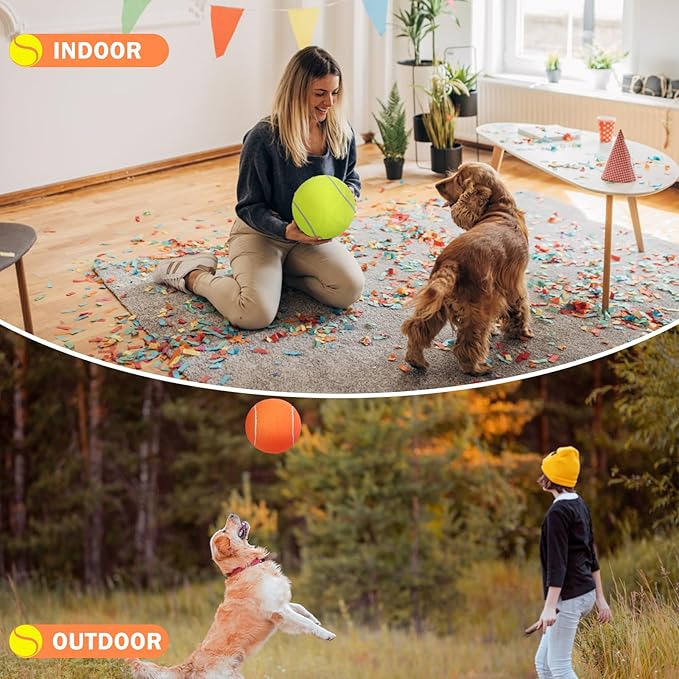 SCENEREAL Giant Tennis Ball for Dogs 2 Pack,Upgraded Thicken 9.5" Large Tennis Balls for Dogs,Halloween Dog Toys Birthday Gift, Inflatable Interactive Ball for Large Medium Big Dog,Durable Toy