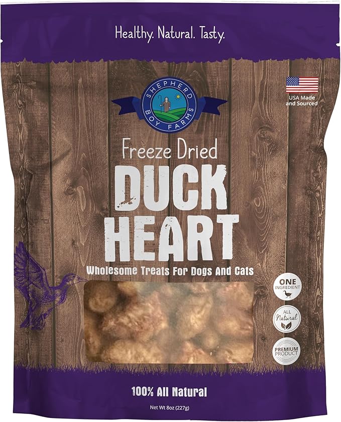 Freeze Dried Dog and Cat Treats, Duck Heart, All Natural Single Ingredient Freeze-Dried Dog Treat & Snacks, Made in USA, High Protein, Essential Nutrition of Raw Food, 8oz