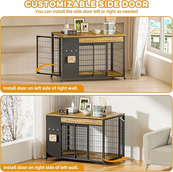 38" Dog Crate Furniture - Dog Crate with DIY Frame, Sliding Door Indoor Kennel, Wooden Dog Cage End Table, for Medium/Large Breed, Rustic Brown Size L