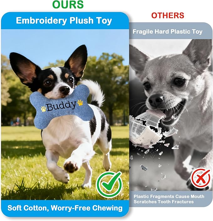 2025 Personalized Squeaky Dog Toys, Embroidered Bone Shape Corduroy Pet Pillow 8"x5"with Name, Dog Chew Puzzle Toy Custom Color Birthday Gifts for Small Medium Dogs