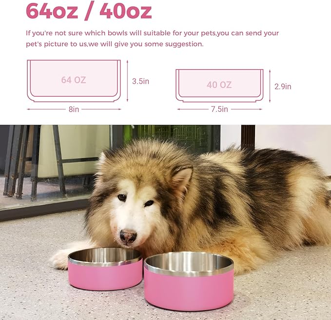 LIHONG Stainless Steel Dog Bowls for Large Dogs,Dog Food Water Bowls with Non Slip Rubber Bottom,Pet Feeding Bowl,Double Wall Insulated,Rustproof(64oz,Pink)