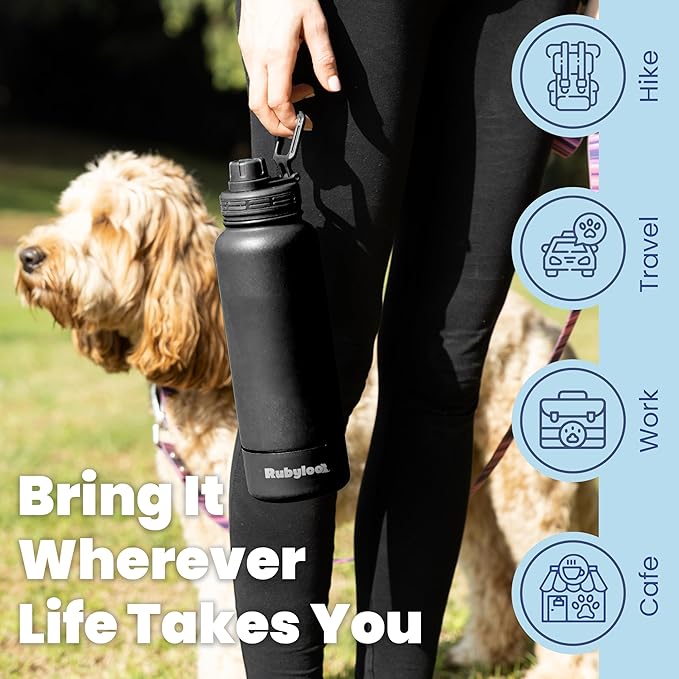 Dog Water Bottle for Dog Lovers - 32 oz Stainless Steel Double Wall Insulated Water Bottle with 8 oz Detachable Bowl on Bottom - Gift for Doggy Mom & Dad for Hiking, Walks, Travel - Black