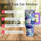 40oz Cute Cat Tumbler with Handle and Straw, Stainless Steel Insulated Cup with Lid, Travel Coffee Mug Water Bottle, Birthday Mothers Day Gifts for Women Men Animal Lovers