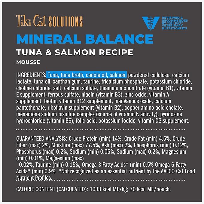 Tiki Cat Solutions Mineral Balance Mousse, Supports Urinary Health, Tuna & Salmon Recipe, 2.4 oz. Pouch (12 Count)
