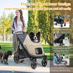 One-Click Folding Dog Stroller for 2 Dogs - 4 Wheel Jogger with Storage Pocket - Suitable for Pets Up to 110LBS (Beige & Grey)