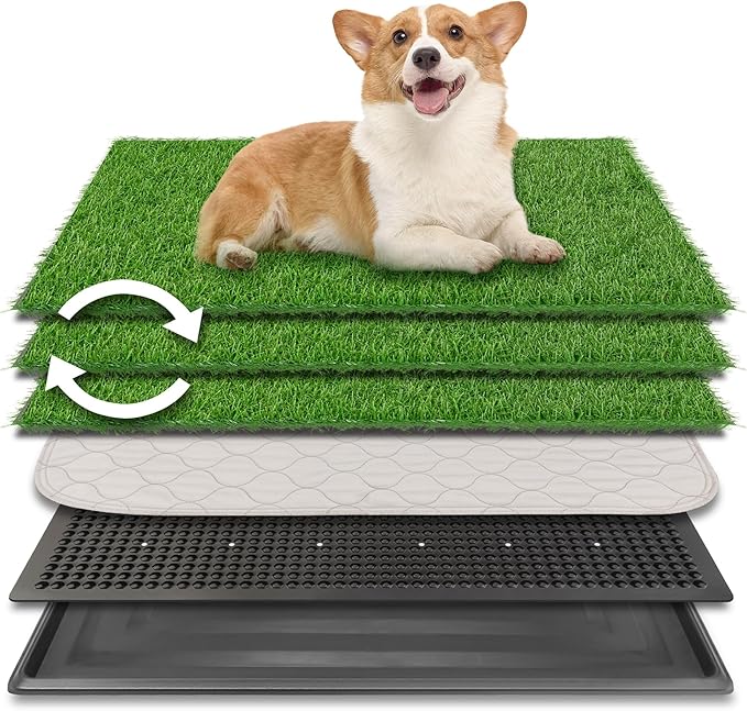 30"x20" Dog Grass Pad with Tray Large for Indoor Puppy PottyTraining with 3PCS Artificial Grass Mats, 1 Washable Pee Pad, Pet Loo Dog Litter Box for Balcony Apartment, 4-Layer System