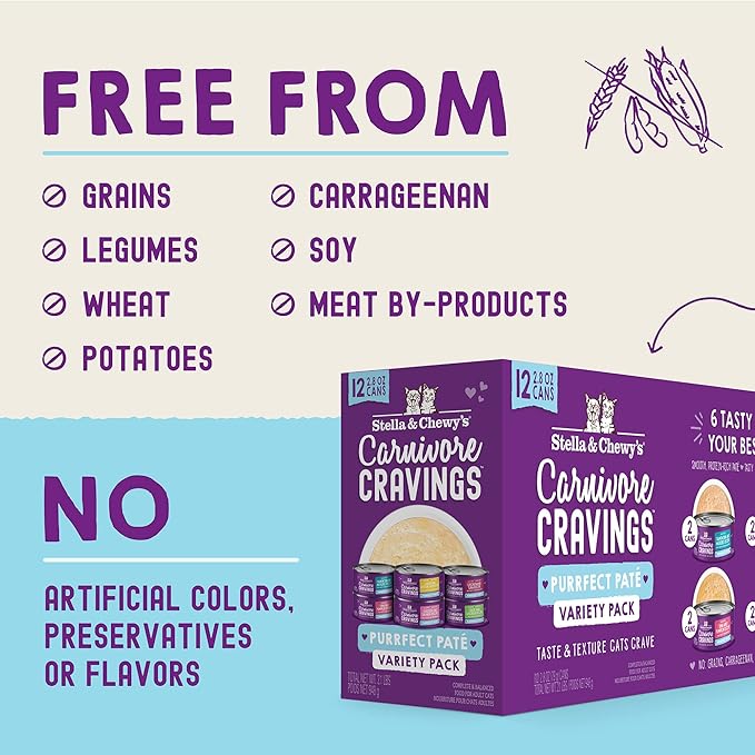Stella & Chewy's Carnivore Cravings Purrfect Paté - Premium Grain-Free Wet Cat Food - 6 Flavor Variety Pack - High Protein with Bone Broth - Perfect for Picky Eaters - 2.8oz Cans (12 Pack)