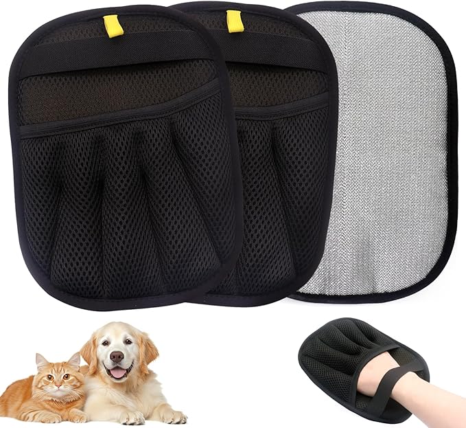 2Pcs Pet Hair Removal Glove for Cats & Dogs, with 2Pcs Toothbrush, Upgraded Five-Finger Electrostatic Pet Hair Gloves, Washable Reusable Pet Hair Remover Tool for Clothing, Couch, Carpet, Car Seat