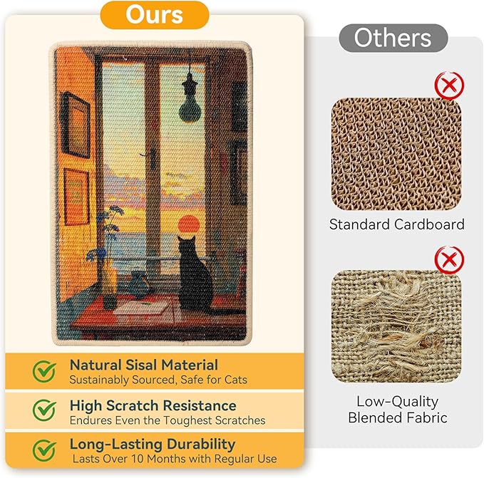 3-in-1 Sisal Cat Scratcher Mat 23.6x15.7 – Durable Scratch Rug for Floor & Wall with Sticker Tape, Protects Couch, Carpet & Furniture, Anti-Slip, Pet-Safe for Indoor/Outdoor Cats, Golden Afterglow