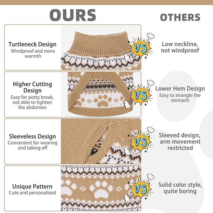 KOOLTAIL Cable Knit Dog Sweater Turtleneck, Cold Weather Pullover Classic Knitwear, Cute Paws Pattern Thick Warm Winter Pet Clothes, Dog Christmas Sweater for Small Medium Large Dogs Cats,Khaki ML
